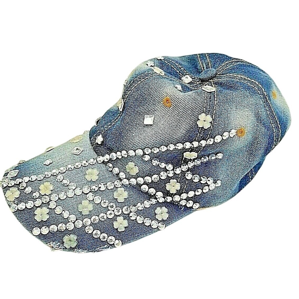 Aircee Women's Hip Hop Bedazzled Distressed Denim Cap Hat NWT‎